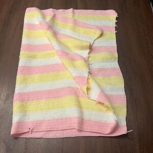 Crochet Baby Blanket‎ Yellow Pink White Stripes Handmade Knit Throw
